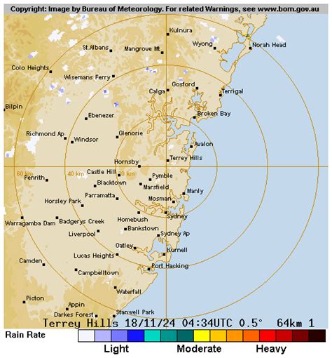 64 km sydney radar loop  Also details how to interpret the radar images and information on subscribing to further enhanced radar information services available from the Bureau of Meteorology