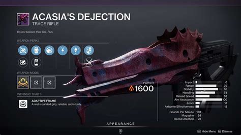 Acasia's dejection  Equipping multiple weapons from this set grants this weapon increased reload speed and handling