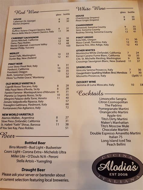 Alodia's menu with prices Latest reviews, photos and 👍🏾ratings for Alodia's Cucina Italiana at 2736 N Lake Dr in Columbia - view the menu, ⏰hours, ☎️phone number, ☝address and map