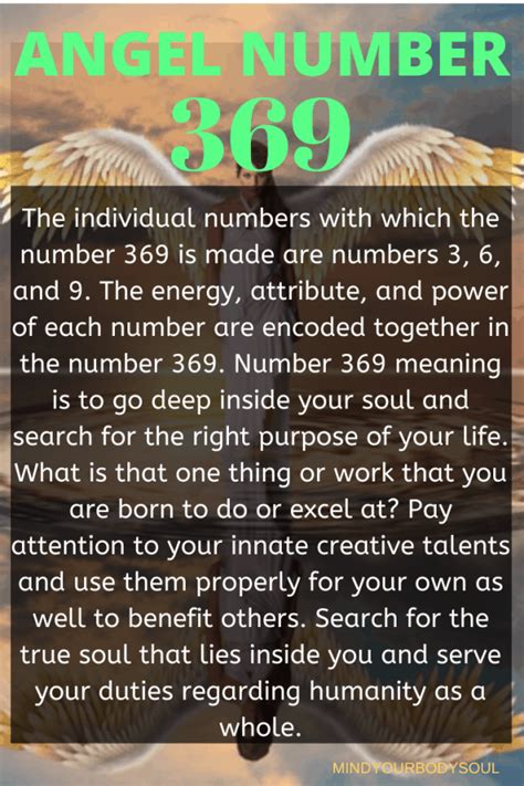 Angel number 369  It signifies creativity, inspiration, and the alignment of mind, body, and spirit