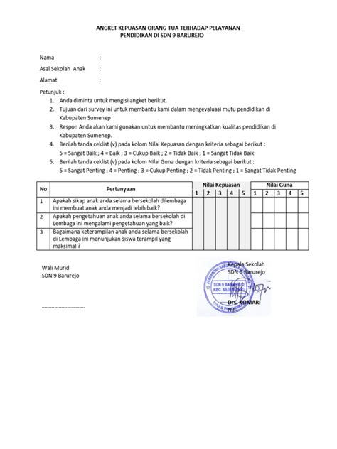 Angket kepuasan wali murid terhadap sekolah  Angket untuk pengurus komite