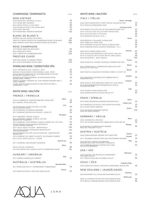 Aqualuna malta menu  AQUALUNA MALTA MENU 2 Sharing Menu Minimum 15 persons Duration: 3 hours STARTERS Cold Cut Platter (Spicy salami, Ham, Parma Ham, Mortadella, Pecorino, Grana, Mozzarella di Bufala, Honey & Seasonal Fruit) Mixed Warm Platter (Jalapenos Poppers, Pulled Pork Bite, Mozzarella Sticks, BBQ Chicken Wings & Mini Stuffed Beef) Mix Fantasy of Focaccia MAIN