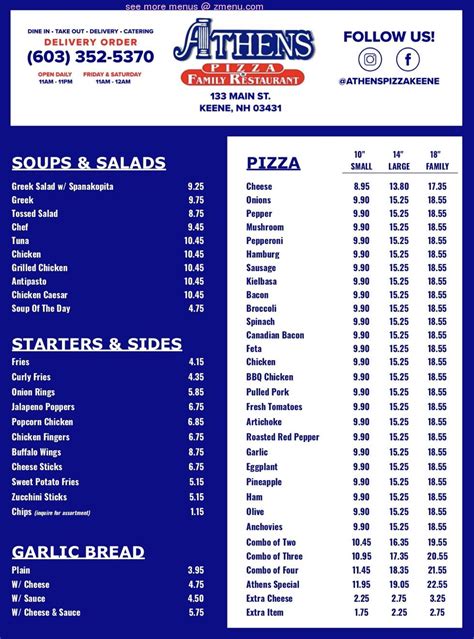 Athens pizza keene nh menu $ Closed: 11:00 AM - 09:30 PM (EDT) Contact: (603) 352-5370 Cuisines: Greek Features: Delivery , Non-Contact Delivery Dietary: Vegetarian At Athens Pizza House &