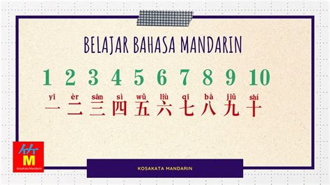 Bahasa mandarin 1 sampai 10 50 Kosakata buah-buahan dalam bahasa Mandarin; Kosakata anggota tubuh kita dalam bahasa Mandarin; 50 Kata benda dalam bahasa Mandarin; Belajar susunan kalimat atau SPOK dalam bahasa Mandarin; Contoh percakapan sehari-hari dalam bahasa Mandarin beserta artinya; Kemudian berikut ini adalah artikel menarik lainnya tentang Cina dan