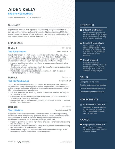 Barback resume sample  Free Barback cover letter example