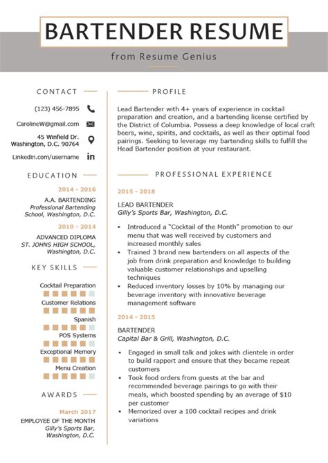 Bartender description resume  Attends to the detail and presentation of each order