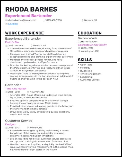 Bartender resume example  Here is a template for mentioning your experience on your resume: [Job title] [Start date–end date] [Name of organisation] [City, State] Primary duty or accomplishment in the role