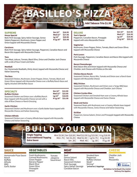 Basilleo's pizza restaurant menu  Receive your first offer, “Free Appetizer”, by opting in