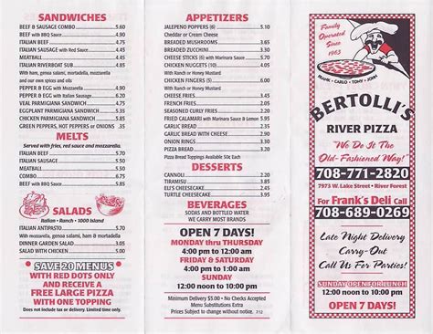 Bertolli's river pizza menu  Mon