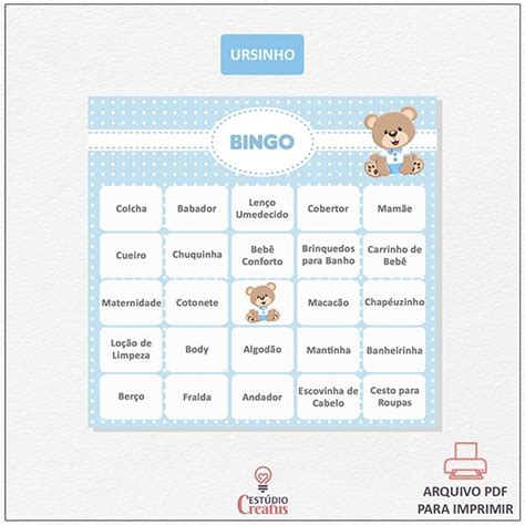 Bingo chá de bebê para imprimir  Baby Bingo Para Chá De Bebê | 60 Cartelas Em Pdf