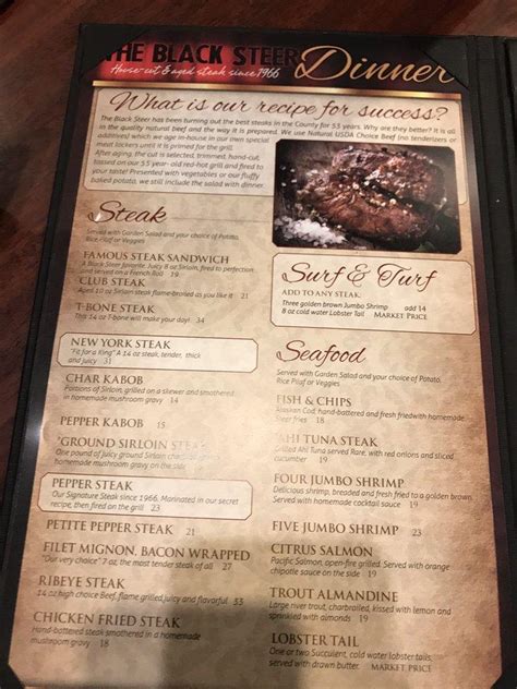 Blacksteer steakhouse and saloon menu The actual menu of the Blacksteer steakhouse