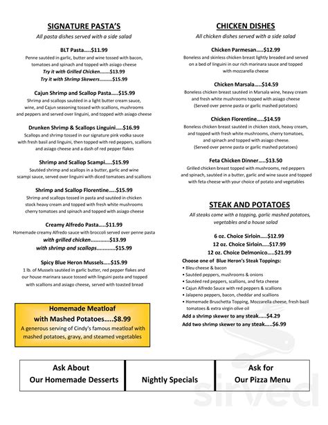 Blue heron kitchen and bar menu  Saturday Prime Rib, and Specials all around, stop by for a truly one of a kind Northwoods dining experience