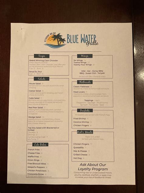 Blue water grille at the bolero resort menu The resort s restaurant, Blue Water Grille, offers a selection of seasonal seafood, steaks and Italian food