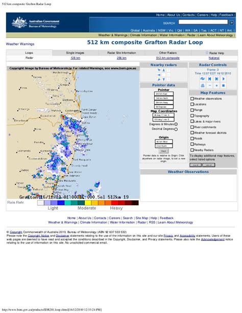Bom radar grafton 512 loop Also details how to interpret the radar images and information on subscribing to further enhanced radar information services available from the Bureau of Meteorology