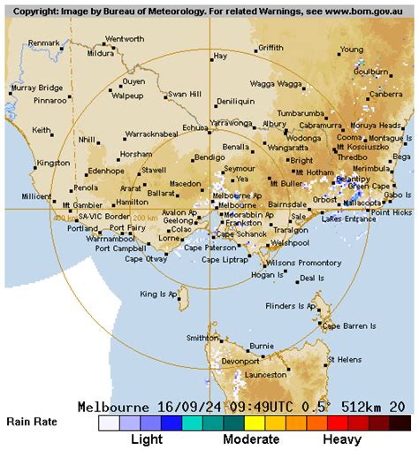 Bom radar melbourne 512 loop Also details how to interpret the radar images and information on subscribing to further enhanced radar information services available from the Bureau of Meteorology