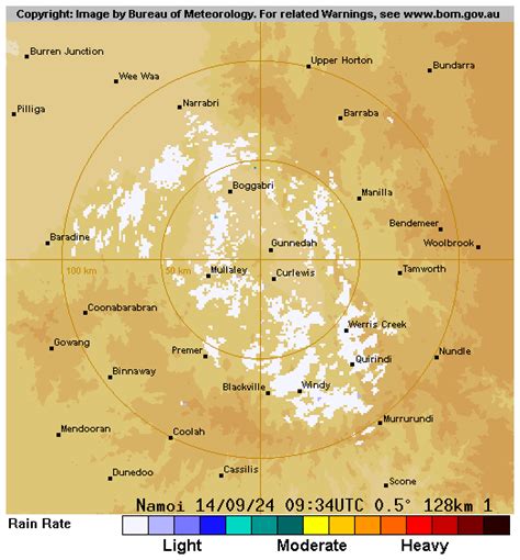 Bom radar namoi 128  Distance and latitude/longitude coordinates are displayed when you mouse over the map