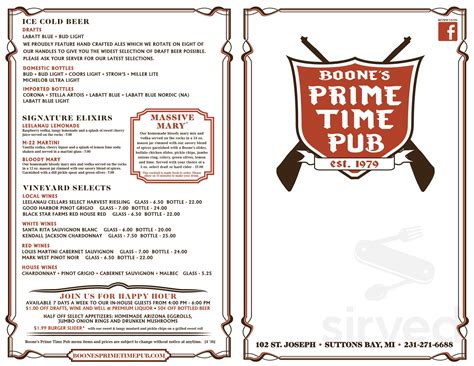 Boone's prime time pub menu Acquired by Restaurant Partners Inc