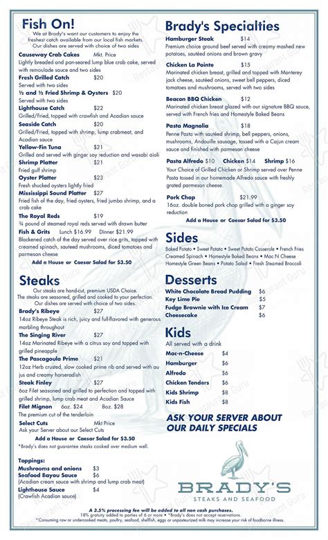 Brady's steaks and seafood menu  **New Hours**