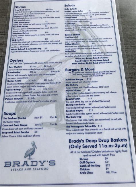 Brady's steaks and seafood menu  The service and food, was the top of the line