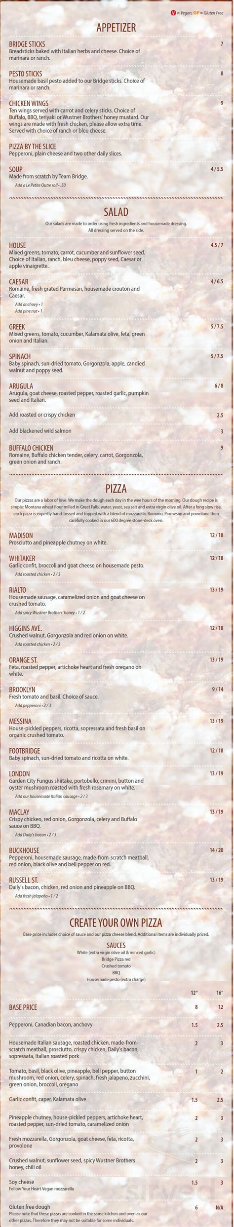 Bridge pizza missoula menu Kids may also want to try the spinach and mushroom calzone for a fuller fare