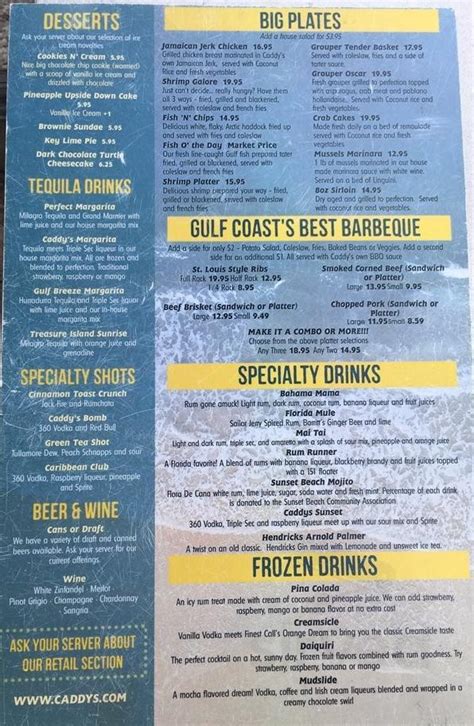 Caddys on the beach menu  Amazing location with beautiful views of the famous Treasure Island