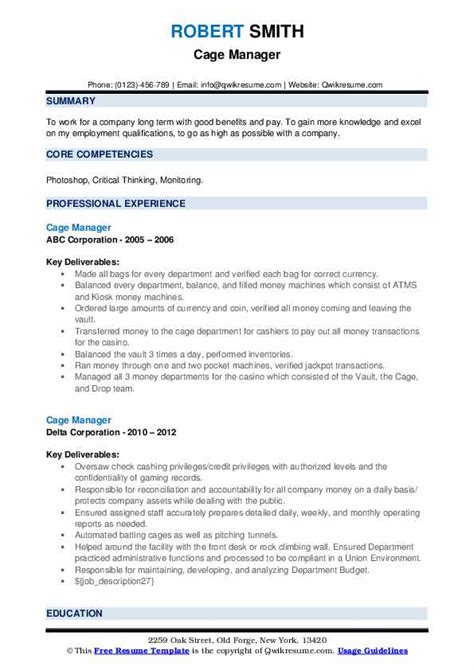 Cage manager resume examples Back of House Manager Resume