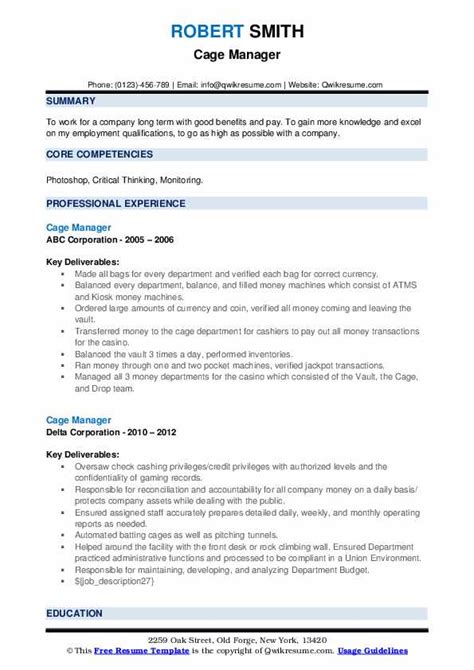 Cage manager resume examples  INTERNET CAFÉ MANAGER, 09/2013 to 05/2016
