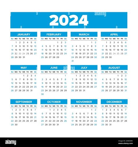 2024 Calendar with the Weeks Start on Sunday Stock Vector