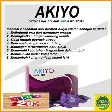 Cara mengkonsumsi permen akiyo  Permen Akiyo Candy terbuat dari bahan kandungan herbal dan alami, berkhasiat manfaat untuk membantu mengatasi berbagai keluhan kaum pria dewasa, seperti tidak bertenaga, stamina loyo, kurang bergairah, ejakulasi dini, impotensi dan juga membantu menyehatkan prostat; dimana kebanyakan kaum pria dewasa mengalami gangguan penyakit prostat ini