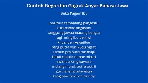 Carane nyemak geguritan Geguritan adalah golongan sastra yang indah (puisi) Jawa cara baru yang mengungkapkan perasaan senang, ungkapan bahasa yang sesuai dengan keindahan rasa tetapi tidak berpedoman pada aturan guru gatra, guru wilangan dan guru lagu tertentu berbeda dengan sifat tembang macapat dan lain sebagainya