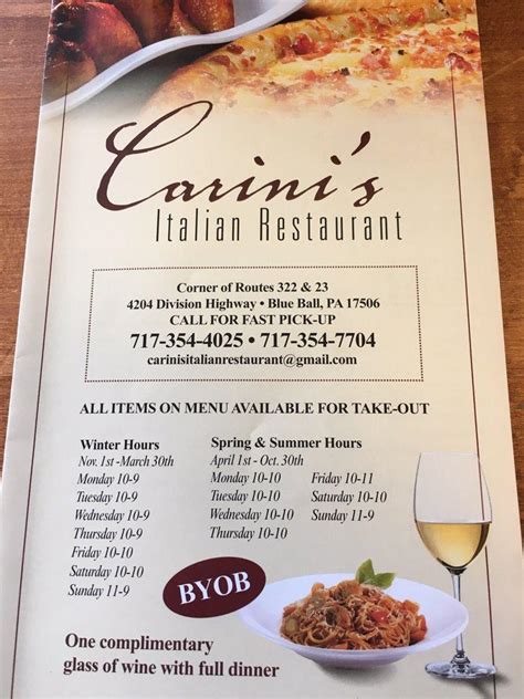 Carini's italian restaurant menu Please check prices with the restaurant before visiting or ordering