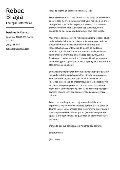 Carta de apresentação para enfermeiro recém formado  Especialista em carreira