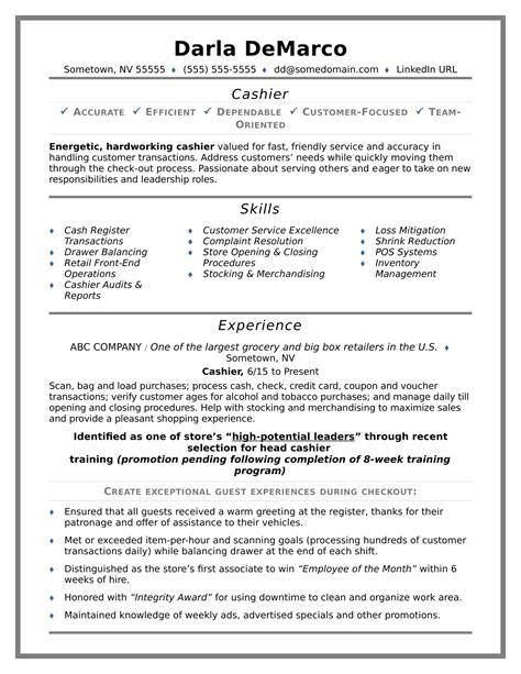 Cashier experience resume  ( Image Source) Note how the skills section is short and the resume focuses more on the applicant’s achievements and duties in previous cashier roles