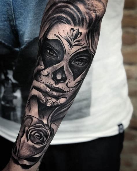 Catrina mexicana tattoo  Attractive Catrina With Rose Tattoo On Half Sleeve