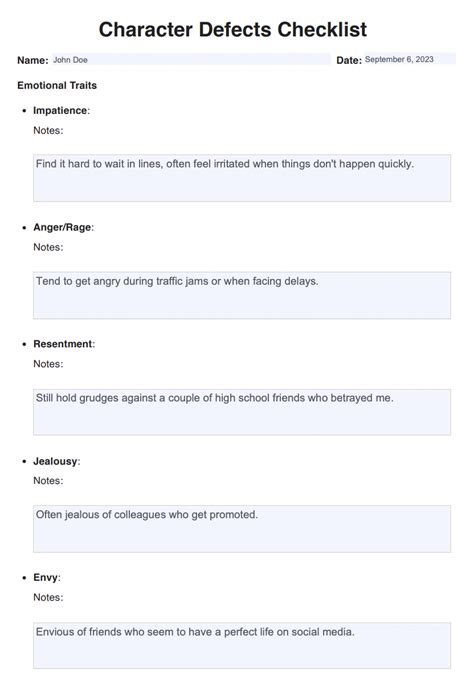 Character defects worksheet  Source: gambr