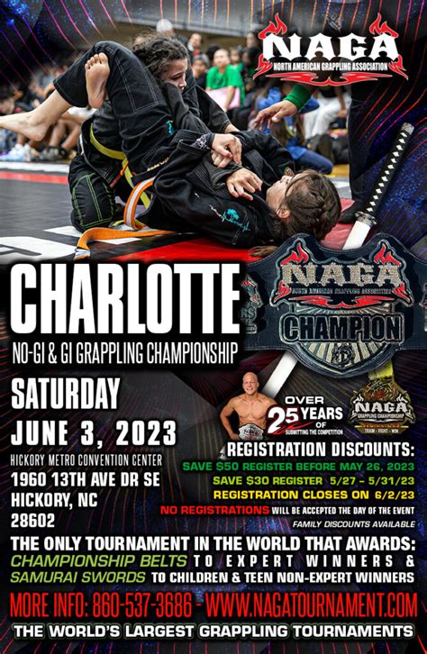 Charlotte grappling tournaments  The North American Grappling Association (NAGA) are the world’s largest mixed grappling tournaments with over 700,000 competitors worldwide