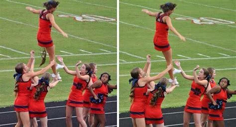 Cheerleader shits herself  Social media users have been sharing an image online that shows a group of cheerleaders tossing a fellow cheerleader up in the air and what appears to be