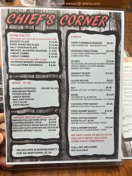 Chief's corner cafe menu  You may explore the information about the menu and check prices for Deb's Corner Cafe by following the link posted above