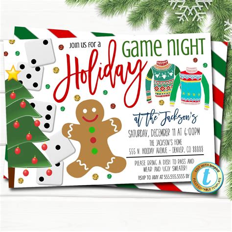 Christmas game night invitations  In this game you wrap up one gift (typically something good like a gift card) a whole bunch of times with lines of a poem in between layers