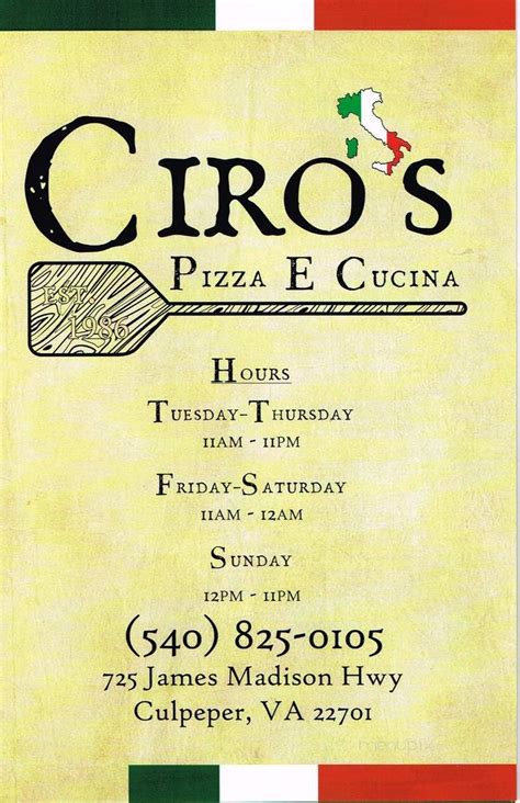 Ciro's pizza menu culpeper va  Enhance this page - Upload photos! Add a photo