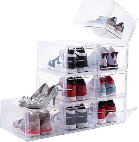 Plastic Shoe Box, 4/8/12x Stackable Black/ Clear Shoe Storage Box Sneaker  Storage Bins Shoe Container Organizer for Women Men