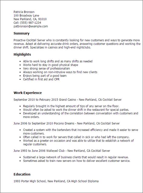 Cocktail server resume Server Resume Examples; Sous Chef Resume Examples; Starbucks Resume Examples Bartender Resume Example 