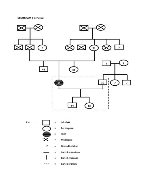 Contoh genogram 3 generasi  Komposisi keluarga (dilengkapi genogram 3 generasi) No Nama Anggota Keluarga Umur Pendidikan Hub dengan KK L P 1