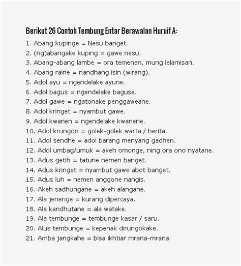 Contoh kalimat tembung panggandheng  Beberapa jenis tembung seperti halnya tembung entar, tembung garba, tembung saroja ataupun tembung basa kawi adalah jenis tembung yang seringkali