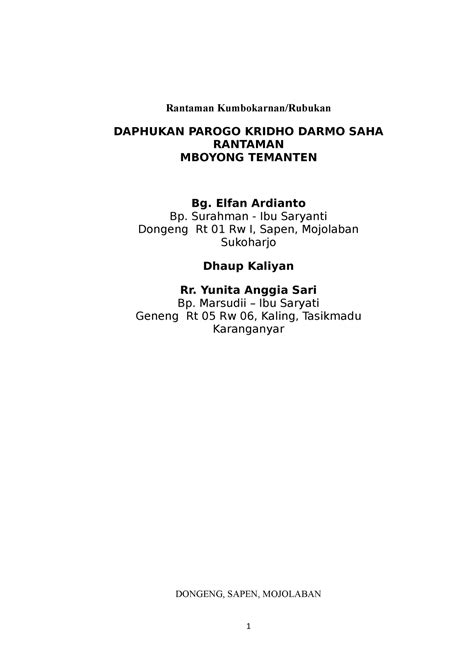 Contoh rantaman kumbokarnan  Dhapukan Kridha Darma Resepsi