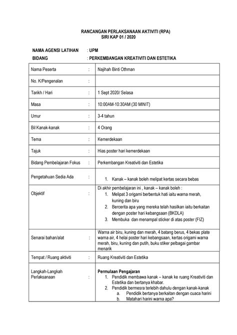 Contoh rpa  4 Contoh Pentaksiran Kanak-kanak ( Penilaian berterusan ) : Nama Kanak-kanak : Bil Indikator 1 Boleh menyebut nama haiwan liar seperti zirafah, harimau dan kuda belang