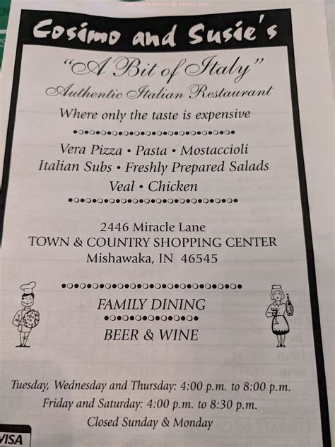 Cosimo and susie's menu  Cosimo & Susie's A Bit Of Italy was founded in 1991, and is located at 2446 Miracle Ln in Mishawaka