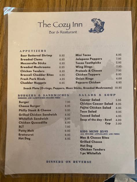 Cozy inn brimley menu 40 km away 