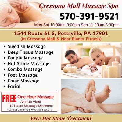 Cressona mall massage spa  Best Massage in Schuylkill County, PA - The Holistic Healing Spa, Cressona Mall Massage Spa, Mei Ling Spa, New Chinese Massage, AAA Spa 61, Emerald Springs Spa- Hershey, Purple Sage Healing, Aunisty touch, Guliens, Lebanon Valley Massage Best Massage in Mahanoy City, PA 17948 - The Holistic Healing Spa, Cressona Mall Massage Spa, New Cindy Spa, Healthy Way Massage, Purple Sage Healing, New Chinese Massage, Flow Massage And Spa, AAA Spa 61, Pure Massage, The Spa Massage