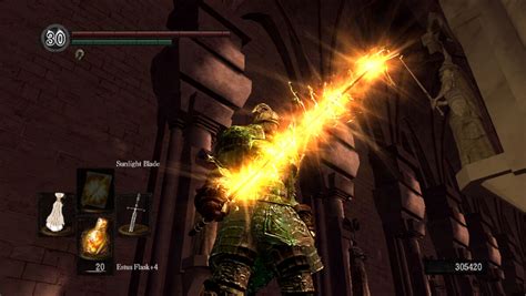 Dark souls sunlight blade  This spell does damage roughly 2